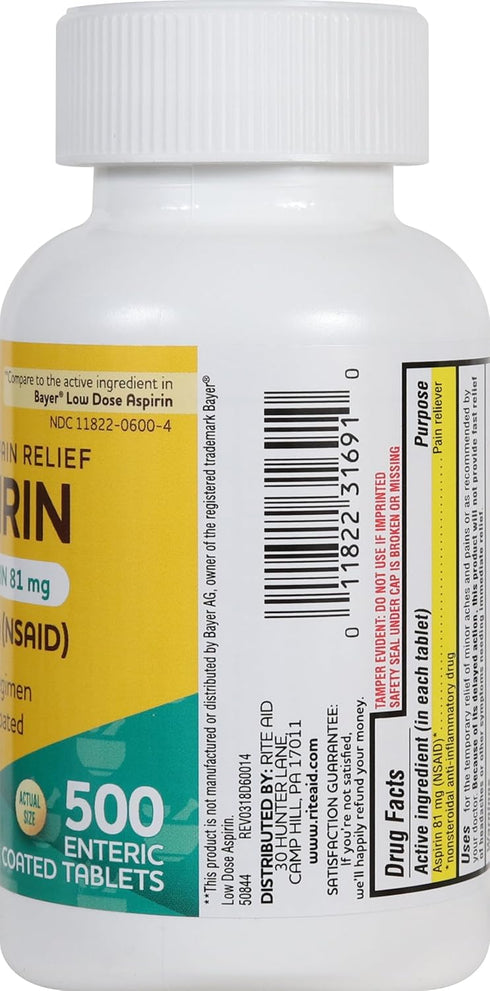 Rite Aid Aspirin Enteric Tablets - 81 mg Aspirin - 500 Count - Low-Dose for Headache Relief