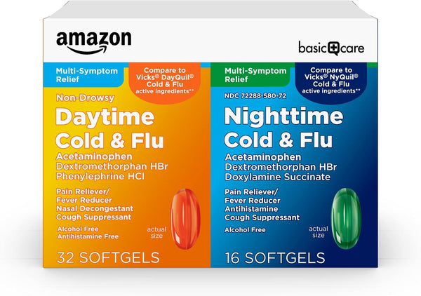 Amazon Basic Care Cold and Flu Relief, Daytime and Nighttime Combo Pack