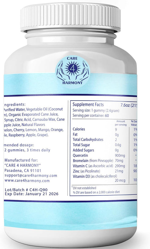 (3 Pack) Quercetin Gummies - Quercetin with Bromelain, Vitamin C + Zinc, Vitamin D3 - Chewable 900mg Supplements for