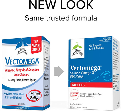 Terry Naturally Vectomega - 60 Tablets of Omega-3 from Salmon, Non-GMO, Gluten Free, EPA & DHA - 60 Servings
