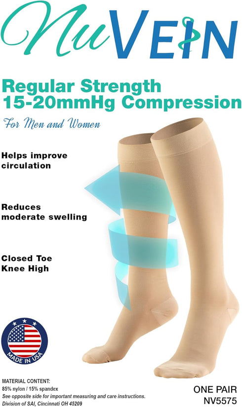NuVein Medical Compression Stockings, 15-20 mmHg Support for Women & Men, Knee Length, Closed Toe, Large Beige