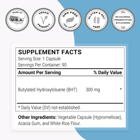 Supersmart BHT Supplement 300mg - Butylated Hydroxytoluene | Non-GMO & Gluten Free - 90 Vegetarian Capsules