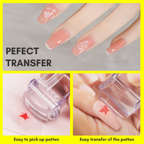 Makartt 12 PCS French Nail Art Stamper Kit - 2 PCS Jelly Nail Stamper, 4 PCS Silicone Heads, 6 Sheets Nail Guide