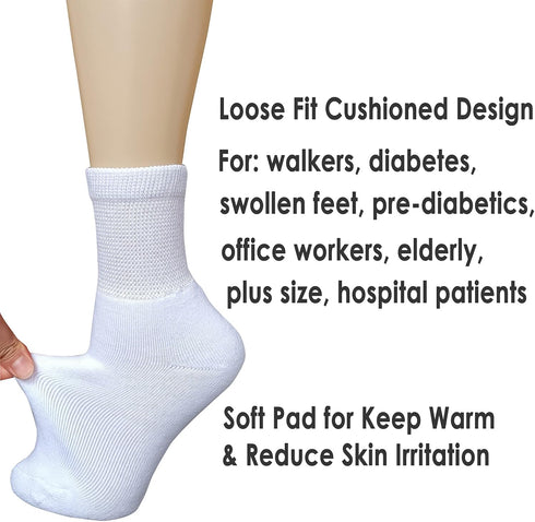 Women's Diabetic Socks, Soft Breathable Moisture Wicking, Extra Wide Non-Binding, 4 Pairs, White, Size 9-11