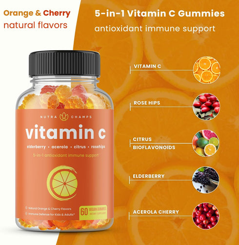 Vitamin C Gummies for Adults & Kids | 5-in-1 Immune Support with Elderberry, Rosehips, Citrus Bioflavonoids (2 Pack)