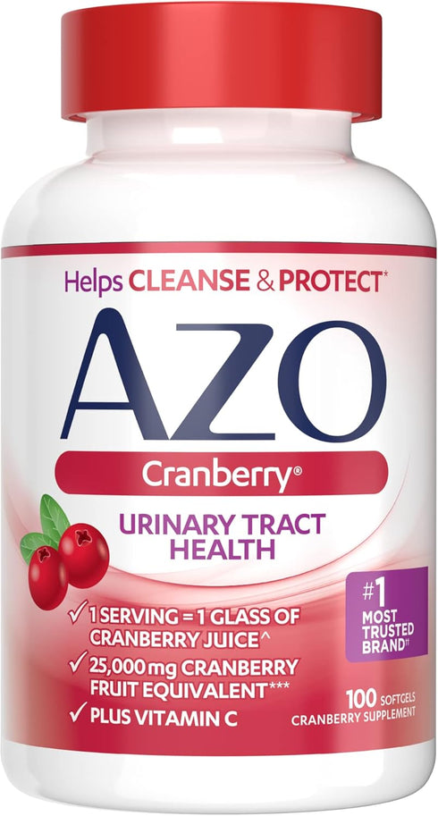AZO Cranberry Supplement, 100 Softgels, Sugar Free, Non-GMO, Urinary Tract Health with Whole Fruit Powder
