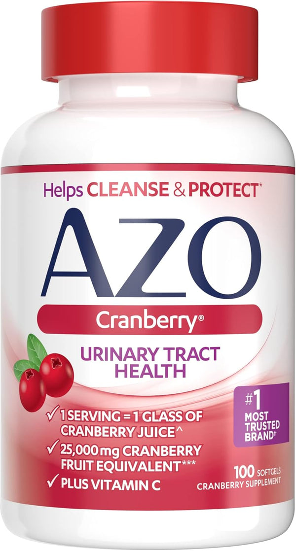 AZO Cranberry Supplement, 100 Softgels, Sugar Free, Non-GMO, Urinary Tract Health with Whole Fruit Powder