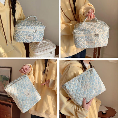 3 Pcs Cotton Quilted Makeup Bag Set, Floral Makeup Bag, Cute Travel Cosmetic Organizer for Women Girls