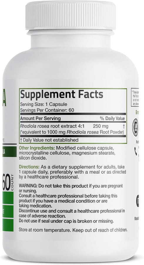 Bronson Rhodiola Rosea Vegetarian Capsules - Adaptogenic Herb - Brain, Stress & Mood Support - Non-GMO, 60 Count