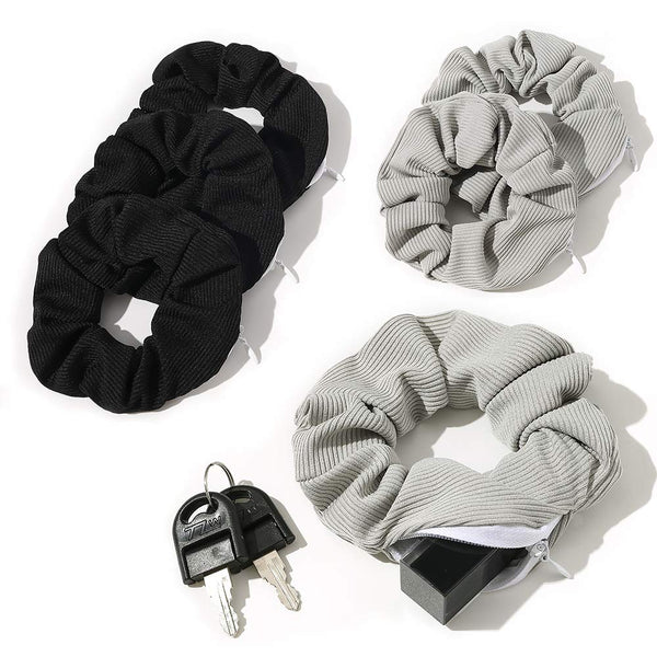Pocket Scrunchies with Zipper Stash, Hair Ties (Black Gray)
