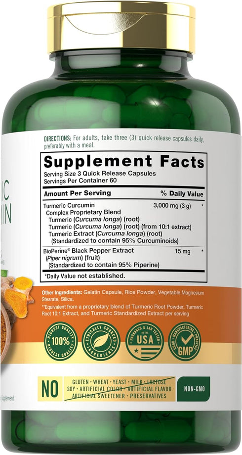 Carlyle Turmeric Curcumin with Black Pepper | 3000mg 180 Capsules | Curcuminoids and Bioperine Supplement | Non-GMO, Gluten Free