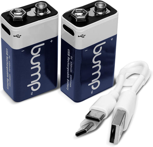 Bump 9 Volt Rechargeable Batteries, 2 Pack, Lithium Ion, High Output, USB Charge for Smoke Alarms