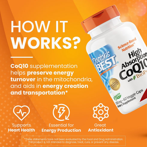 Doctor's Best High Absorption CoQ10 with BioPerine, 60 Veggie Caps, 100 mg, Vegan, Gluten-Free, Heart Health