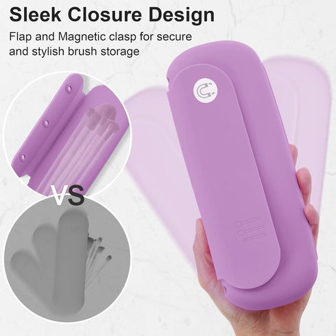 Travel Makeup Brush Holder - Silicon Portable Cosmetic Face Brushes Organizer with Built-in Cleaner (Purple)