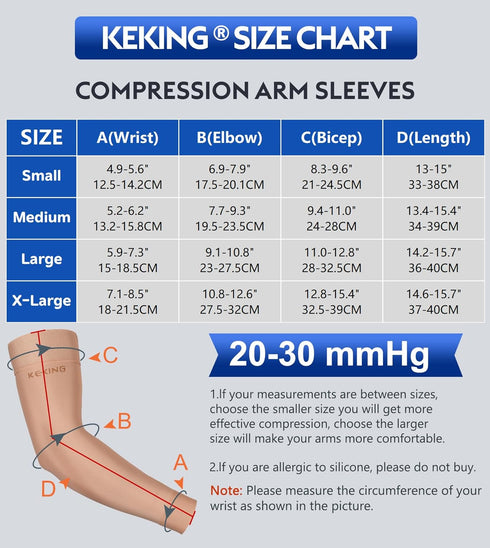 KEKING Lymphedema Compression Arm Sleeves with Silicone Band for Men Women, 20-30 mmHg