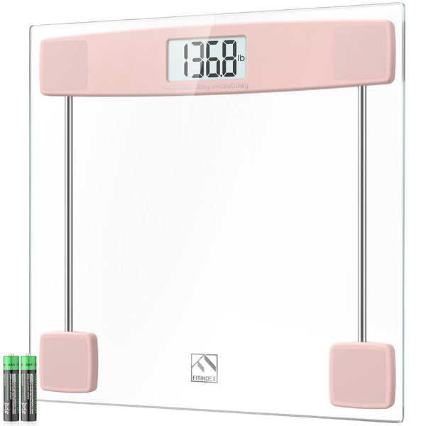 FITINDEX Digital Bathroom Scale for Body Weight, Highly Accurate, Large LCD Display, Slim Tempered Glass, 400 lbs, Pink