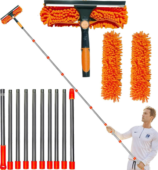 20+ Feet Reach Window Washing Squeegee & Duster with 3-14 ft Extension Pole, Indoor Outdoor Window Cleaning Tool