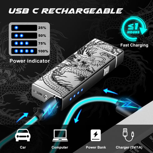 LcFun Electric USB Rechargeable Lighter, Windproof Plasma Dual Arc with LED Battery Indication (Black Dragon)