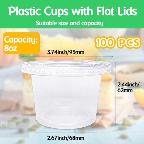 100 Pack 8oz Disposable Plastic Cups with Flat Lids, Clear Crystal Cups for Desserts and Cold Drinks