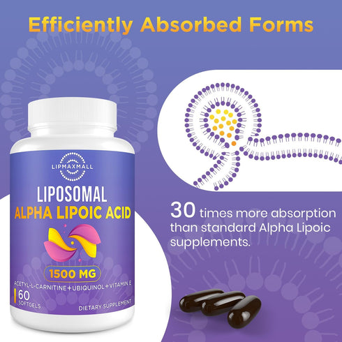 Liposomal Alpha Lipoic Acid 1500mg with Acetyl-L-Carnitine 900mg, Ubiquinol 100mg & Vitamin E 15mg, 60 Softgels (2