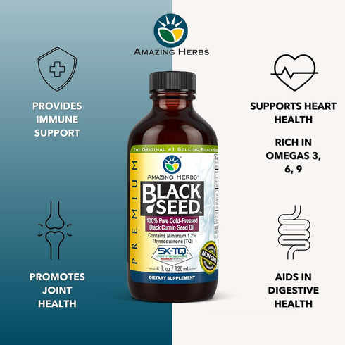 Amazing Herbs Premium Black Seed Oil - Gluten Free, Non GMO, Cold Pressed Nigella Sativa Aids in Digestive Health, Immune Support, Brain Function - 4 Fl Oz