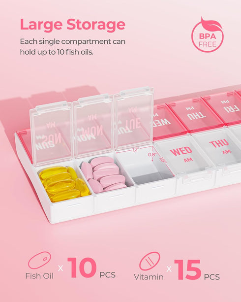 Stylish Weekly Pill Organizer 7 Day AM PM, Large Compartments, Easy to Use, BPA-Free Pill Case for Vitamins, Supplements