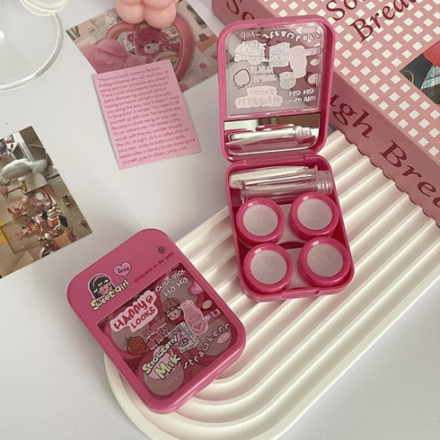 2 Pack 2 in 1 Contact Lens Cases, Travel Eye Contacts Case Box Holder with Tweezers and Solution Bottle Kit (Fuchsia)