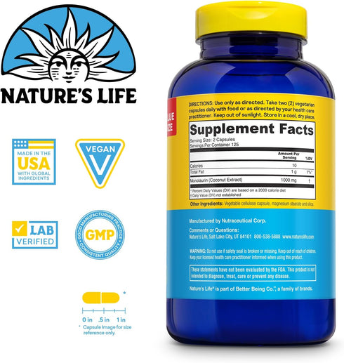 Nature's Life Monolaurin 1000 mg - Immune Support Supplement from Natural Raw Coconut, 250 Vegetarian Capsules