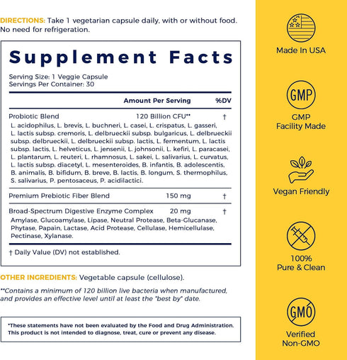 NewRhythm Probiotics 120 Billion CFU, 3-in-1 Digestive Health Supplement with Prebiotics & Enzymes, 30ct