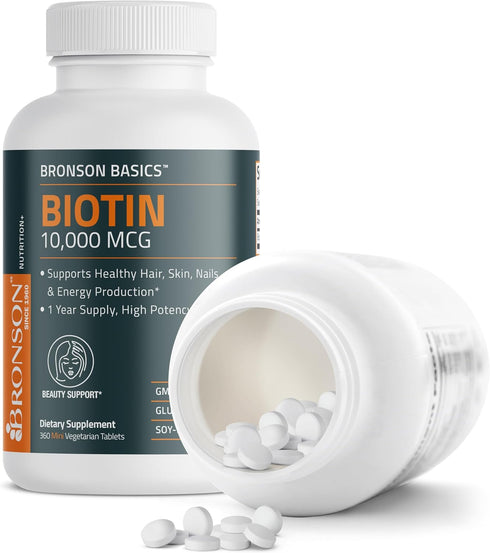Bronson Biotin 10,000 MCG for Healthy Hair, Skin & Nails, High Potency Beauty Support - 360 Vegetarian Tablets