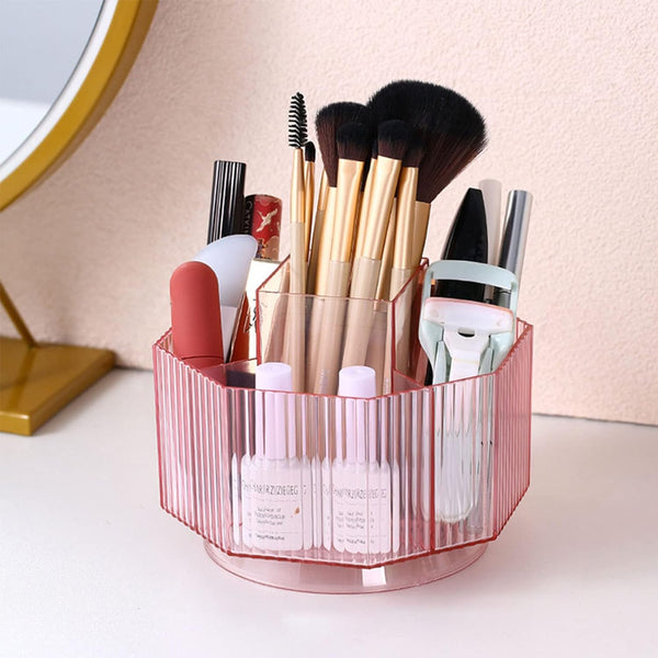 LINFIDITE 360°Rotating Makeup Brush Holder, Clear Cosmetic Display Case with 5 Slots for Vanity, Pink