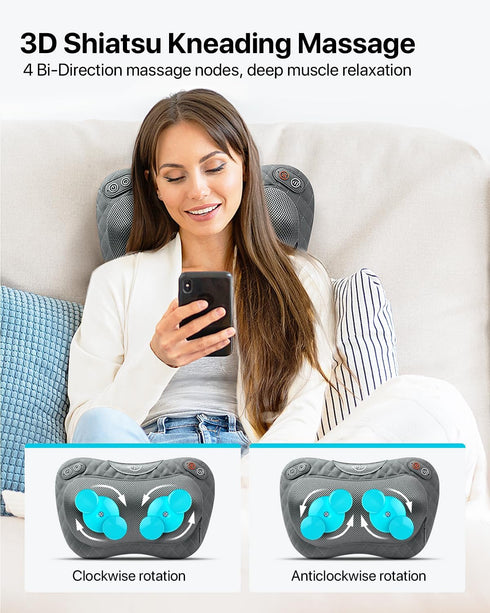Heat,3D ALLJOY Shiatsu Neck and Back Massager with Soothing Kneading Massage Pillow for Muscle Pain Relief, Use