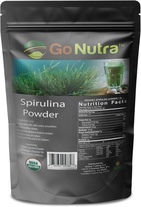 Go Nutra Spirulina Powder Organic | Pure Non-GMO Superfoods for Antioxidant, Minerals, Fiber & Protein | Vegan Friendly