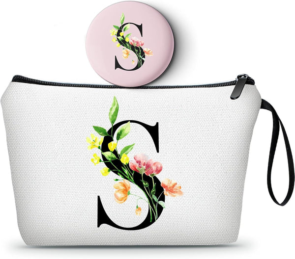 Personalized Makeup Bag, Gifts for Mom Birthday, Initial Gifts for Women with Mirror, Unique Sisters Gifts, (S)
