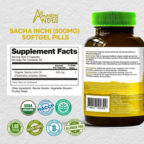 Amazon Andes Sacha Inchi Oil Capsules, 100 Softgel Pills (500mg) - Vegan, Non-GMO, Gluten Free, Healthier Source of
