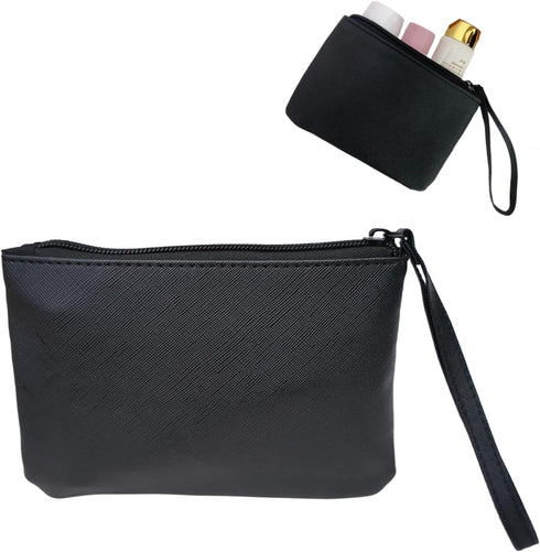 Small Black Makeup Bag for Purse, Vintage Cosmetic Pouch, PU Leather Mini Zipper Clutch, Travel Lipstick Holder