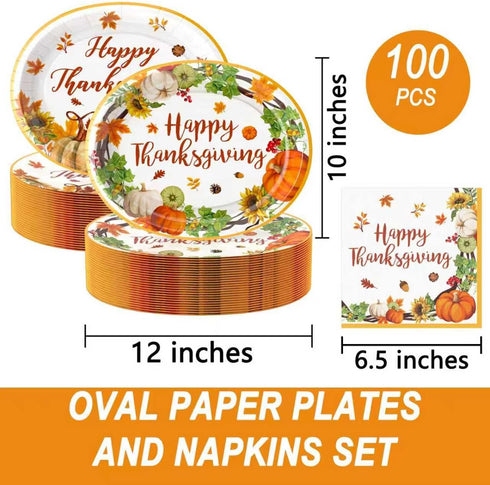 YJOY 100Pcs Set, 10" 12" Thanksgiving Oval Paper Plates and Napkins x Party Plates,Large Disposable Dinner Plates