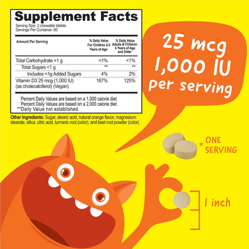 Kids Vitamin D 1000 IU Chewable Tablets, 120 Chewables - Tasty Natural Orange Flavor, Vegan & Gluten Free