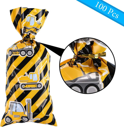Gejoy 100 Pieces Construction Party Favor Bags, Truck Themed Candy Treat Gift Bags with Golden Twist Ties