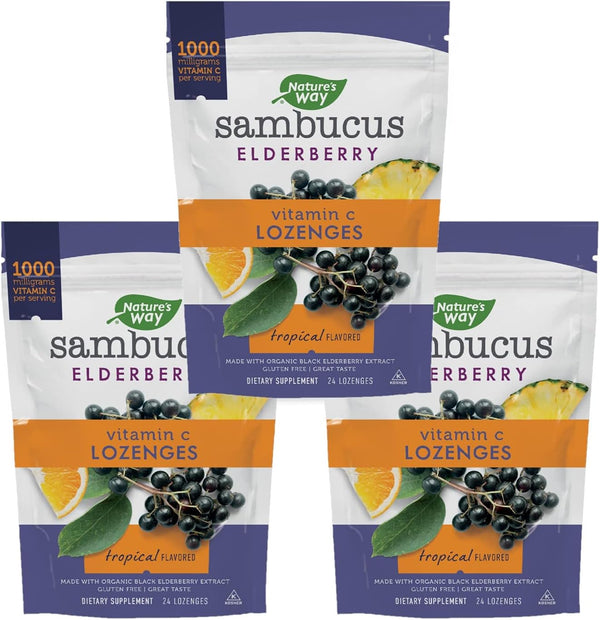 Nature’s Way Sambucus Elderberry Lozenges, 1000 mg Vitamin C, Tropical Flavored, 24 Count