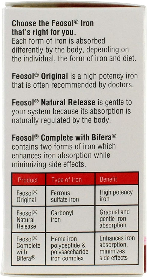 Feosol Original Iron Supplement Tablets,Non-heme 325mg Ferrous Sulfate (65mg Elemental Iron) per Iron Pill, 1 Per Day, 120ct, 4 Month Supply, for Energy and Immune System Support