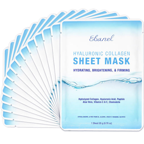 Ebanel 15 Pack Collagen Peptide Hydrating Face Masks - Anti Aging, Moisturizing Spa Face Masks
