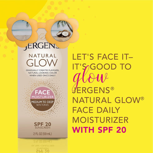 Jergens Natural Glow Self Tanner Face Moisturizer, SPF 20, 2 oz - Medium to Deep Skin Tone, Oil Free, Broad Spectrum