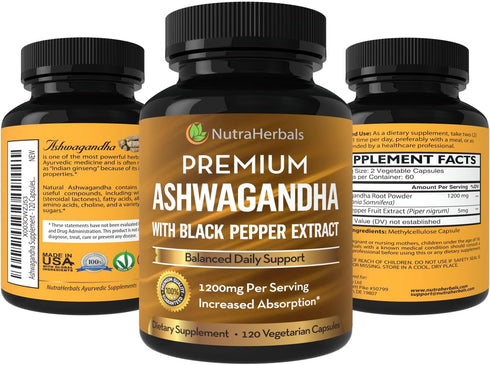 Ashwagandha Supplement, Premium Ashwaganda Root Powder 1200mg with Black Pepper Extract, 120 Vegi Capsules