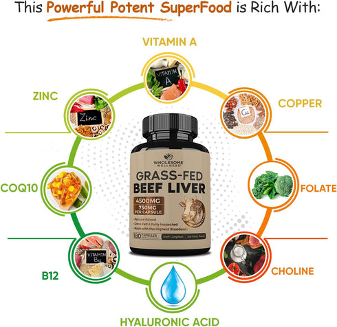 Wholesome Wellness Grass Fed Desiccated Beef Liver Capsules (180 Pills, 750mg Each) - Natural Iron and Vitamins