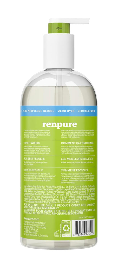 Renpure Kiwi and Hyaluronic Acid Ultra Hydrating Body Wash - Leaves Skin Moisturized - Rids Skin of Daily Grime - Gentle Formula - Dye and Paraben Free - Recyclable, Pump Bottle Design - 24 fl oz