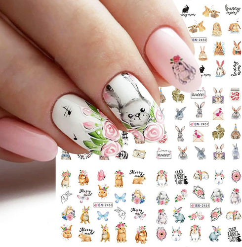 12 Sheets Rabbit Nail Stickers, Animal Water Transfer Nail Decals, Holographic Art Sticker for Women Girls