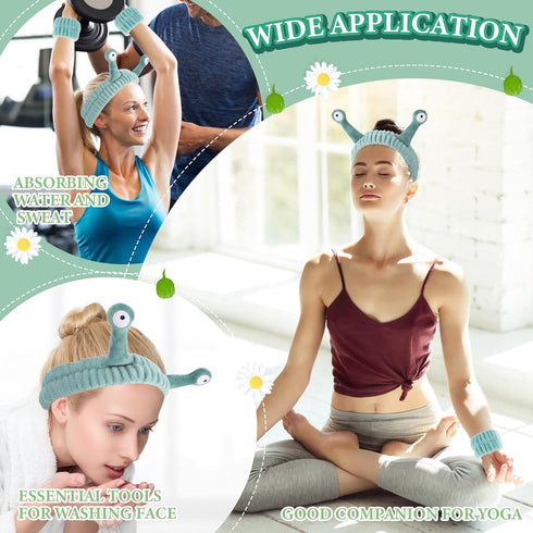 Spa Headband and Wristband Set, Snail Coral Fleece Hair Band for Washing Face, Cute Hair Accessories (Green).