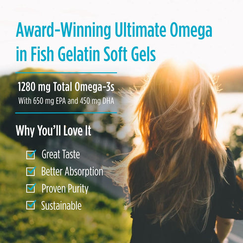 Nordic Naturals Ultimate Omega, 60 Soft Gels - 1280 mg Omega-3, High-Potency Fish Oil for Brain & Heart