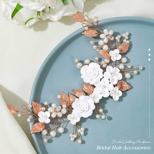 Unicra Flower Bride Wedding Hair Vine Pearl Bridal Hair Piece Leaf Hair Accessories Rhinestone Headband for Women and Girls (Rose Gold)